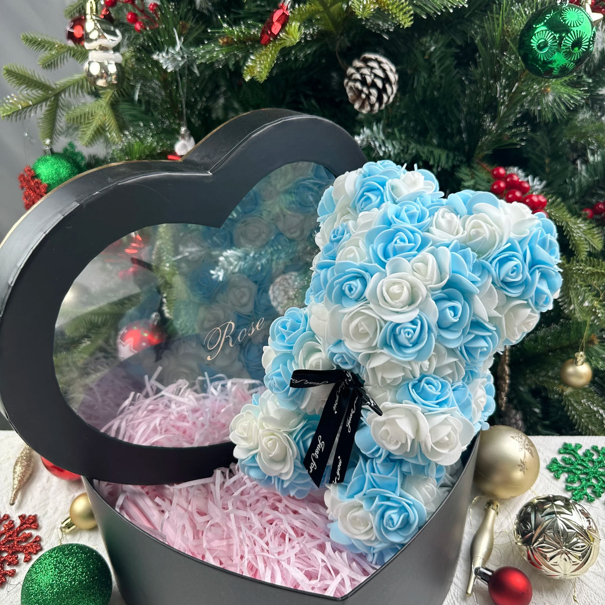 25cm Artificial Teddy Rose Flower Bear with Box Romantic Valentines Day Gift Girlfriend Women Anniversary Wedding Party Supplies