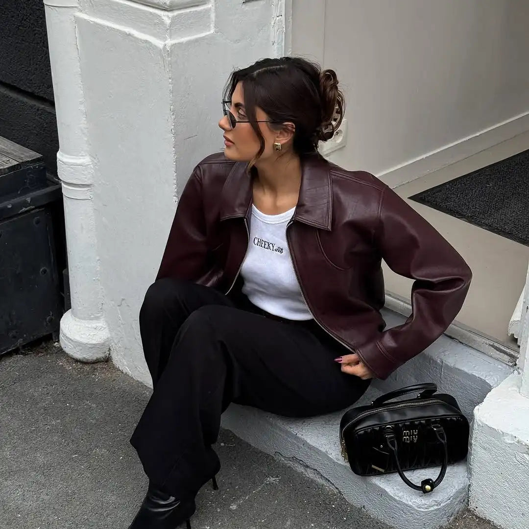 Casual Dark Red  Zipper Leather Short Jackets Women Long Sleeve Lace Up Lapel Loose Button Coat Lady Daily High Street Wear 2026