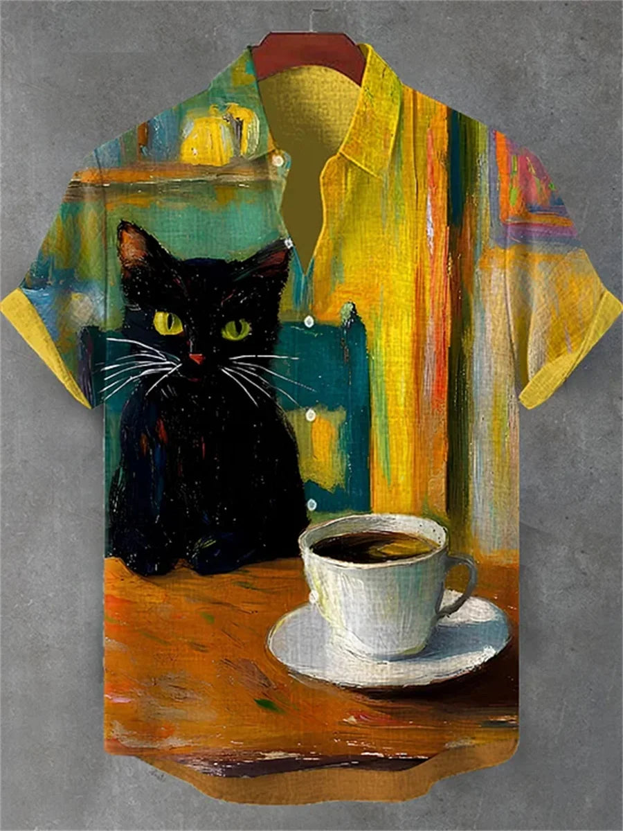 Men's blue and white color-blocked short-sleeved shirt with black cat print, collared casual outdoor vacation Hawaiian shirt.