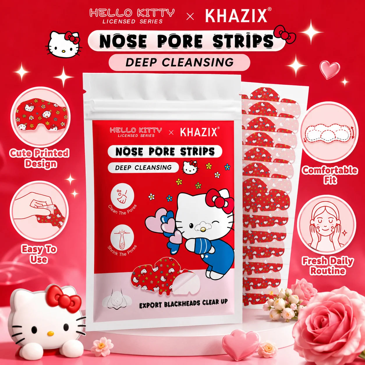 10pcs Hello Kitty Nose Pore Strips 10PCS Cute Cartoon Design Nose Stickers Kawaii Beauty Care Gift for Women