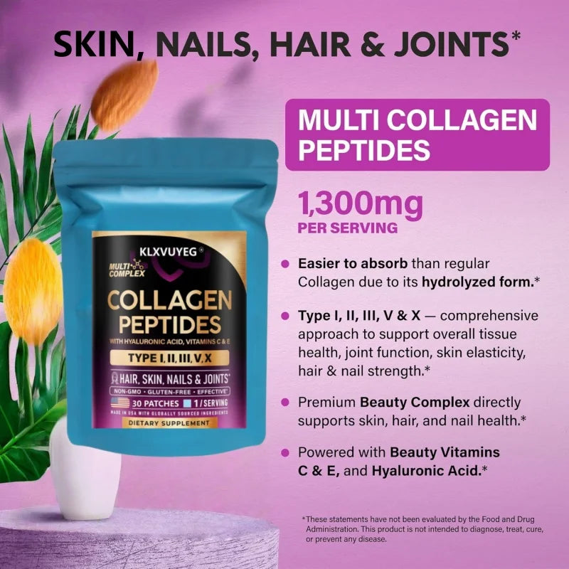 KLXVUYEG Collagen Peptides - Hydrolyzed Types I, II, III, V & X, with Hyaluronic Acid, Vitamins C & E - Skin, Hair, 30 Patches