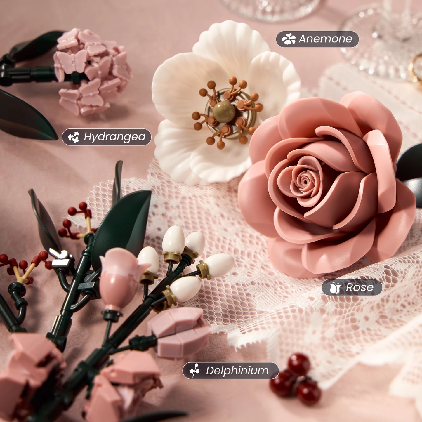 Pink Roses Bouquet Building Set Artificial Flowers Plants Home Office Room Decor Valentines Day Christmas Gifts for Adults Women