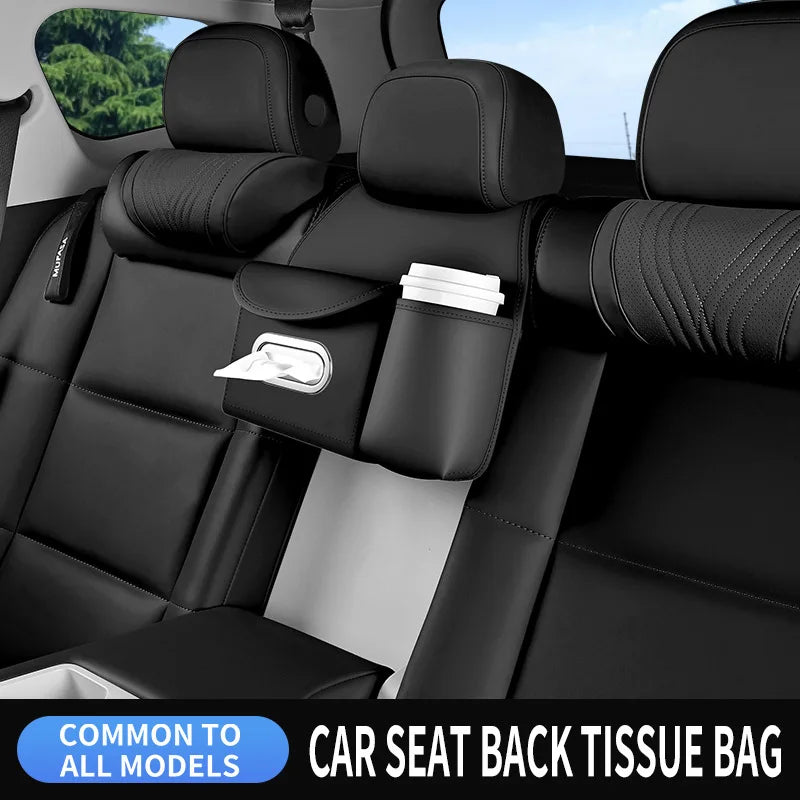 Universal Car Backseat Organizer Leather Seat Back Storage Bag with Tissue Box, Water Bottle Holder