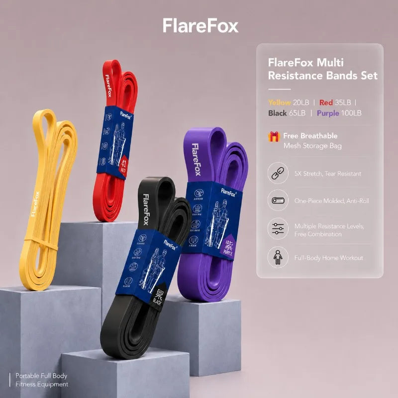 FlareFox Multiple Resistance Bands Set Pull-up Assist Straps Strength Agility Training Handy Gym Equipment for Home CrossFit