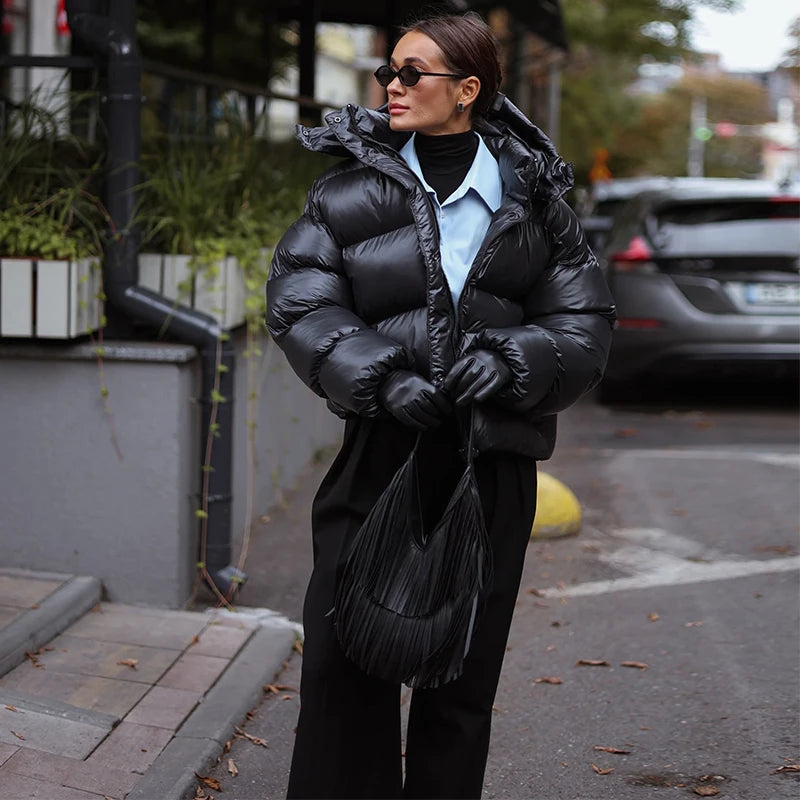 Women's Glossy Shiny Hooded Zip Cropped Puffer Jacket Oversized Loose Fit Long Sleeve Elastic Cuff Padded Warm Casual Winter Top