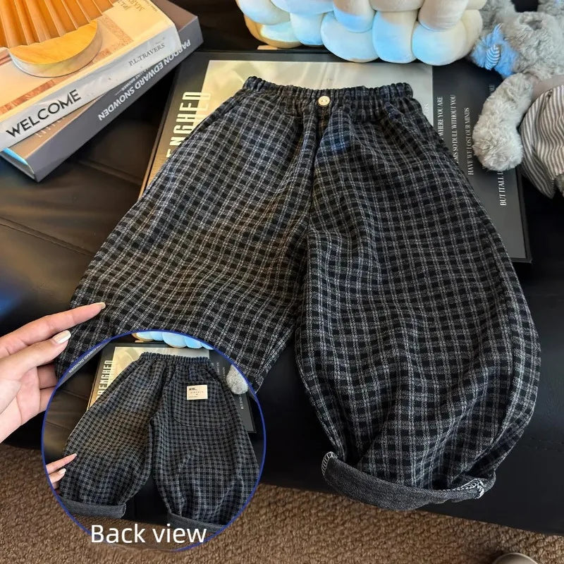 Spring Autumn Children Pants 1-6Years Boys Black Plaid Loose Casual Straight Trousers Korean Toddler Wear for Kids Clothes New