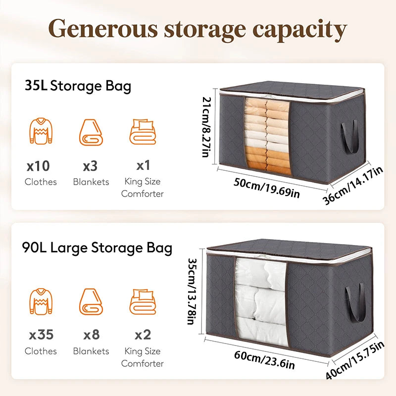 Storage Set | Foldable Clothes Organizer Bags with Clear Window Sturdy Handle | For Wardrobe Dorm Pillow Bedding Clothes Blanket