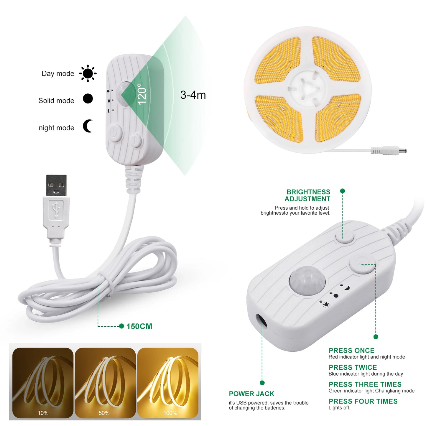 3MM 5MM 8MM COB LED Strip 5V 320LEDs/m PIR Motion Sensor Flexible Tape USB/Battery Powered Under Cabinet Kitchen Lighting Strip