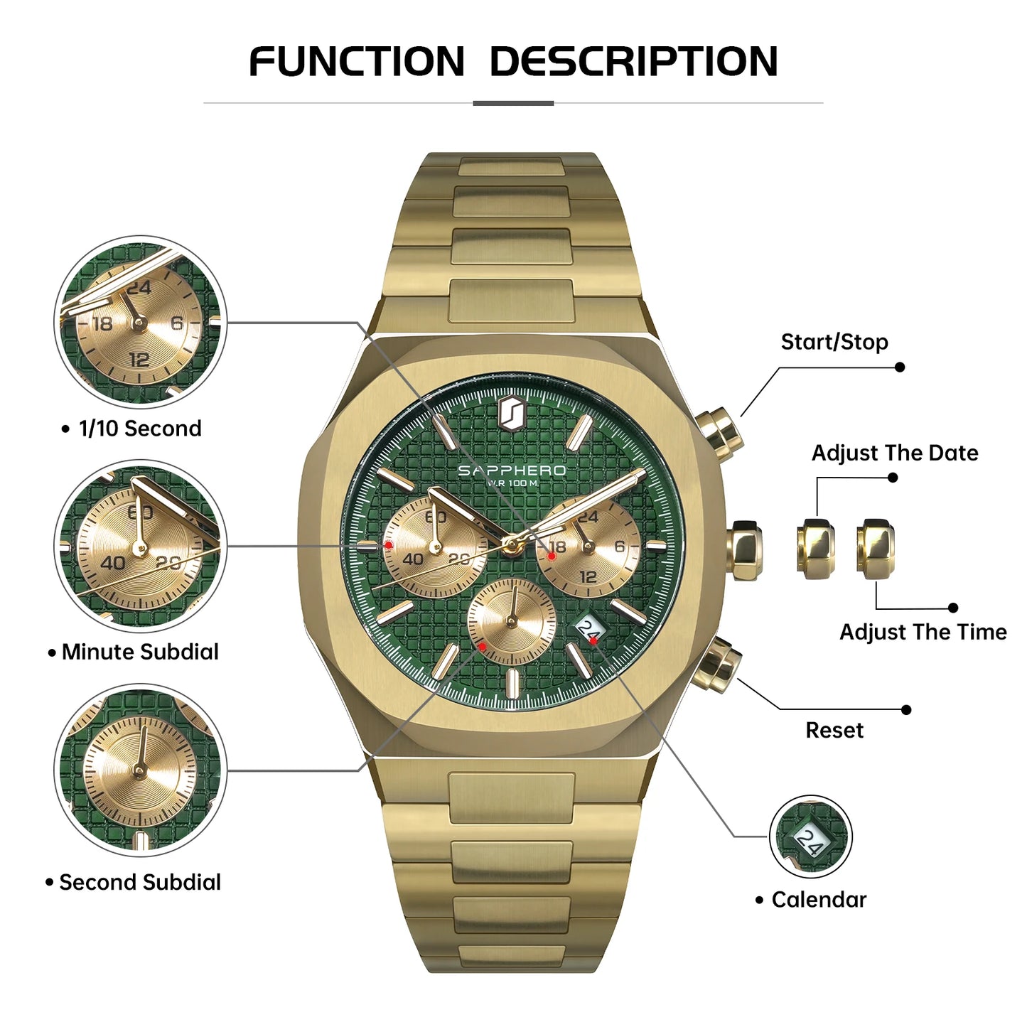 SAPPHERO Men's Luxury Quartz Watch with, Stainless Steel Case, Chronograph, Date Display, 10ATM Waterproof Wristwatch
