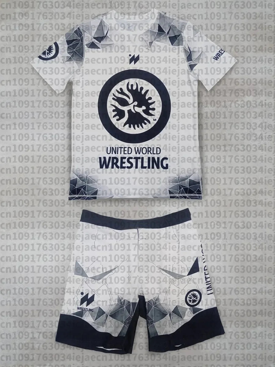 2026 New Summer Men United World Wrestling Sportswear Set Short Sleeve T Shirt and Shorts for MMA Training Lightweight