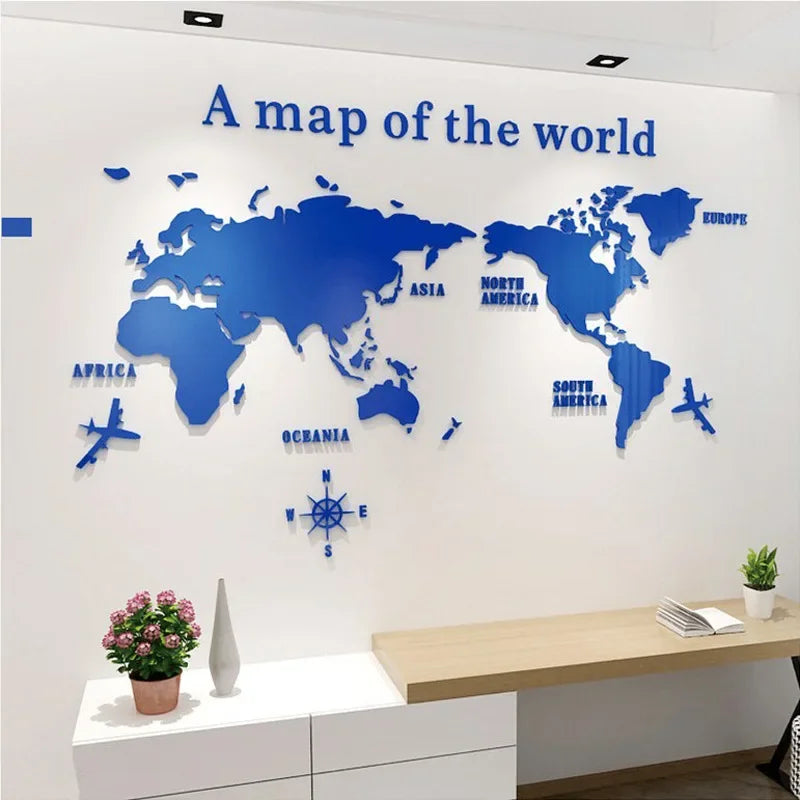 1Pc World Map Wall Stickers Acrylic Creative 3D TV backdrop Wallpaper Decoration Home Living Room Office Interior Decorative