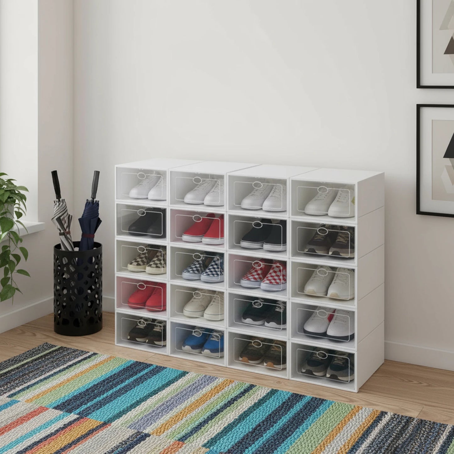 20Pcs Stackable Shoe Storage Box, Foldable Plastic Shoe Organizer with Transparent Door, Dustproof Container for Closet