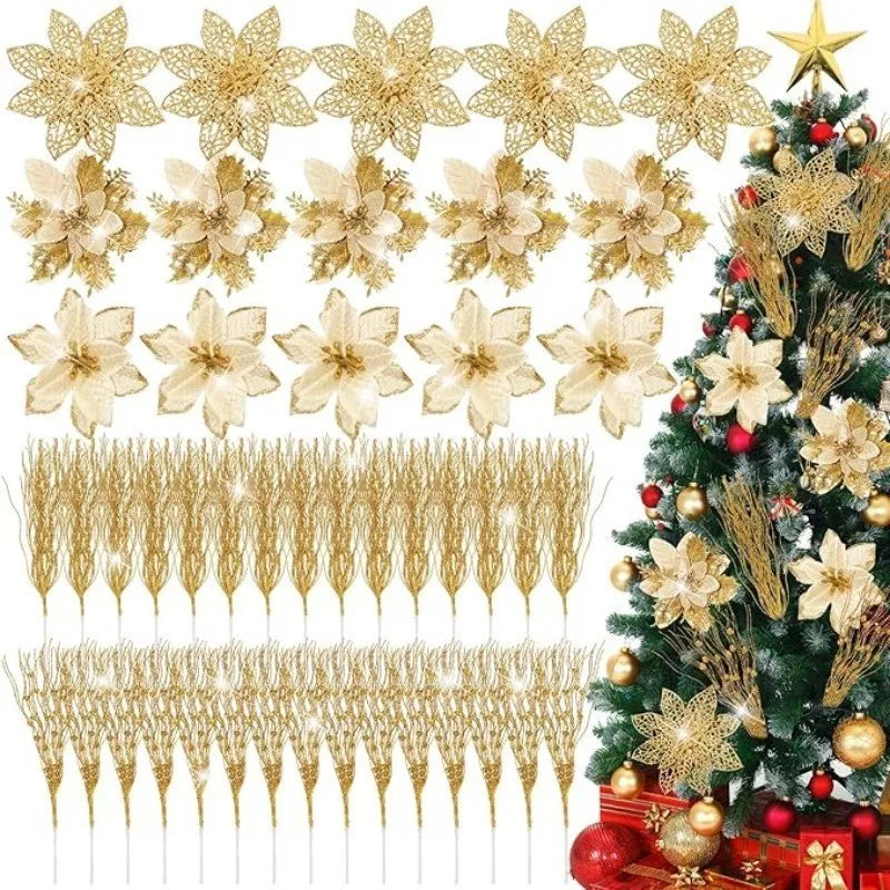 5Pcs Christmas Glitter Poinsettia Flowers Artificial Berry Christmas Tree Ornament for Xmas Wreath Floral New Year 2026 Decor