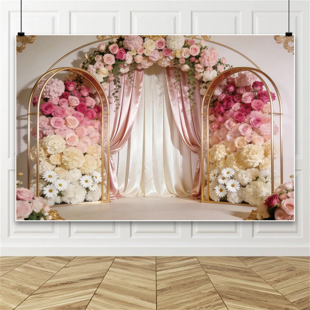 Pink Floral Wedding Backdrop Rose Arch Satin Drapery Photography Background for Bridal Shower Ceremony Photo Booth Decor