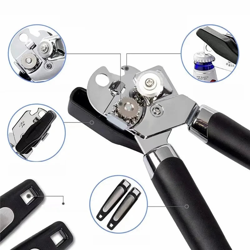 Stainless Steel Can Opener Multifunctional Side Cut Professional Kitchen Tool with Bottle Opener Non Slip Handle Dishwasher Safe