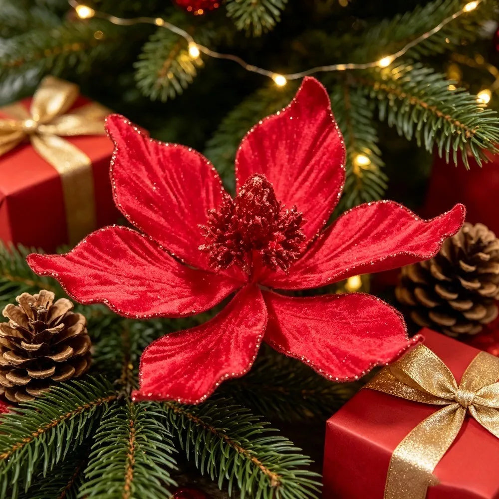 1/3Pcs 20cm Christmas Glitter Artificial Flowers Ornaments Faux Flower for Xmas Tree Wreath New Year 2026 Holiday Decoration