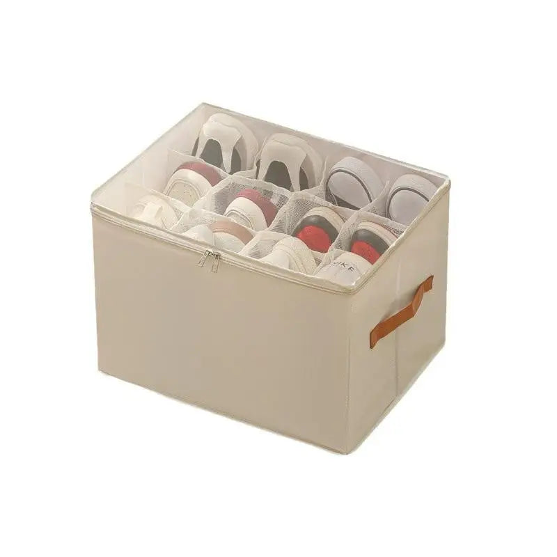 Foldable Fabric 12 Grid Shoe Storage Box Clear Zipper Lid With Handle Sneaker Organizer For Bedroom Daily Storage
