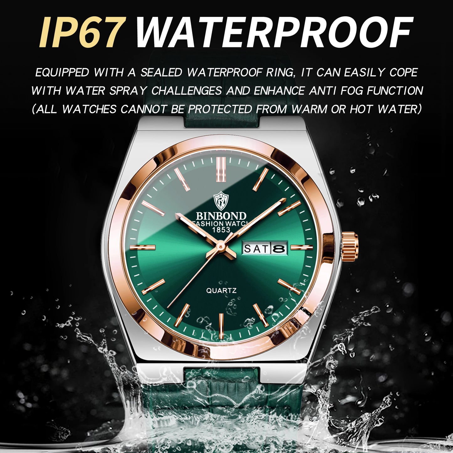 BINBOND Durable Men's Watch Reloj Leather Strap Luxury Quartz Wristwatches Precise Luminous Waterproof Auto Date Week Display