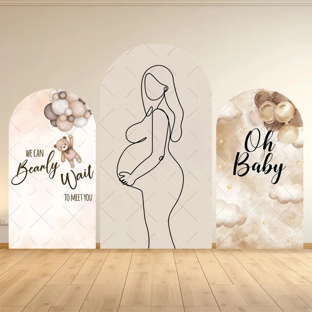 Pregnant Women Theme Arched Elastic Background Cover Welcome Baby Bear Flowers Baby Shower Photography Background Wall Decor