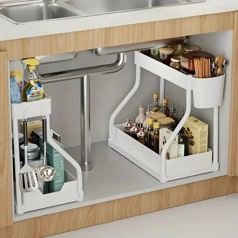 Double-layer pull-out rack, kitchen countertop, push-pull seasoning storage rack, sink rack under cabinet