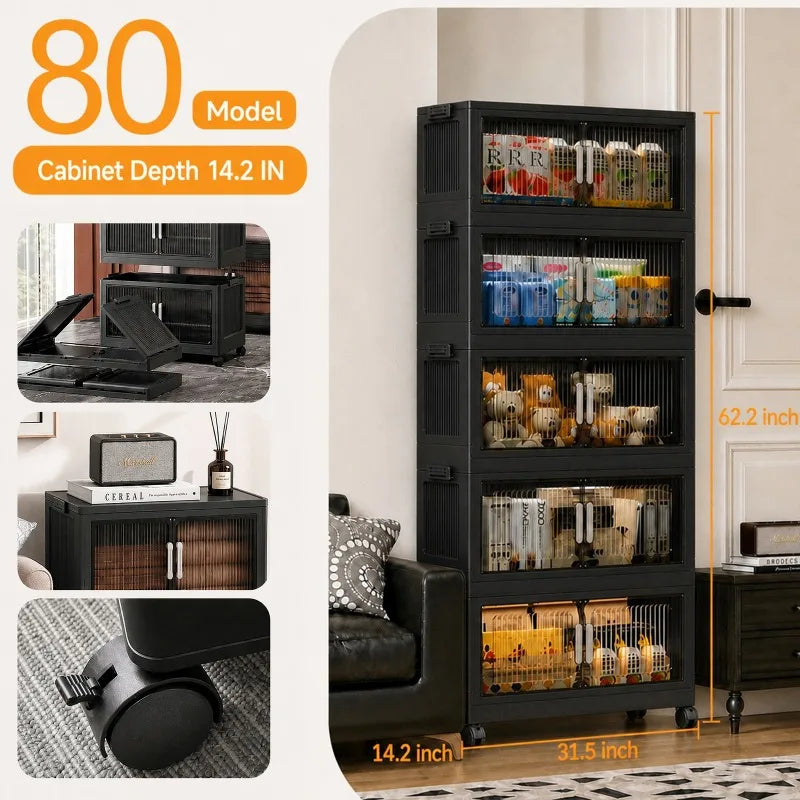 5‑Tier Stackable Plastic Storage Cabinet with Wheels, Foldable Storage Organizer with Transparent Flip‑Door, Multi‑Layer Portable Closet Organizer for Bedroom Living Room Home