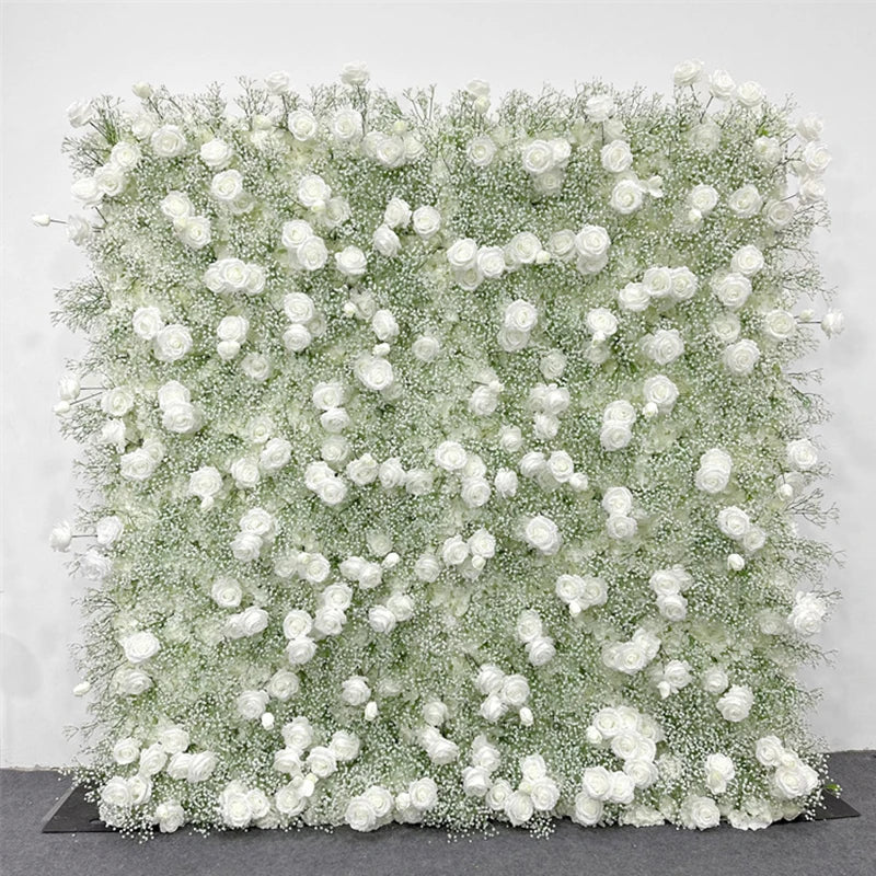 Luxur white Rose Roll Up Cloth 5D Flower Wall Arrangement Wedding Backdrop Decor Hanging Curtain Green Plants Wall Party Props