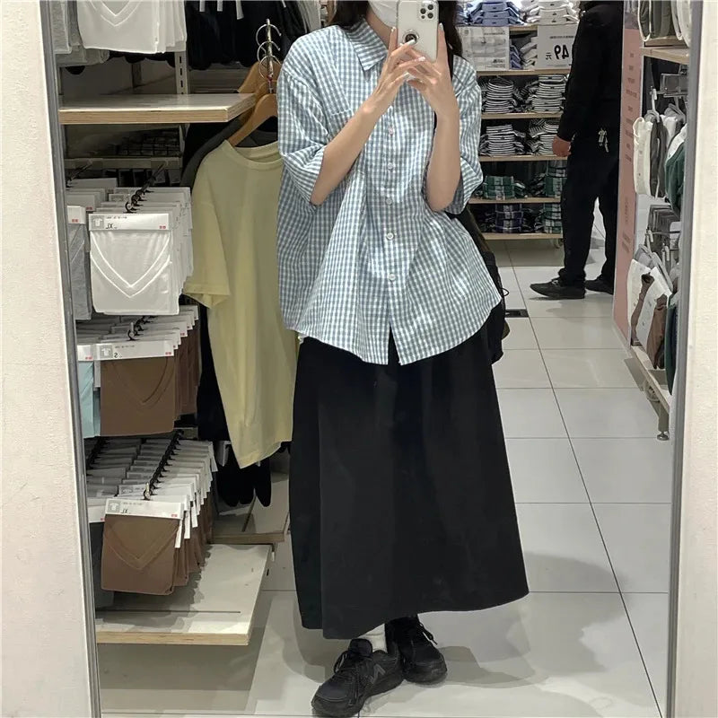 Plaid Shirts for Women Youthful Commuting Fresh Pocket Summer Autumn Short Sleeve Tops Tender Hipster Vintage American Style