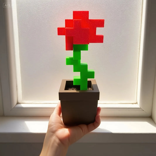 1 Piece Pixel Rose Flower Ornament, 3D Printed Unique Flower Decoration, Plastic Product, Suitable for Bedside Table, Desktop