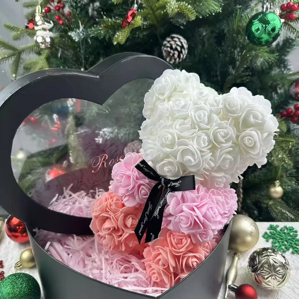25cm Artificial Teddy Rose Flower Bear with Box Romantic Valentines Day Gift Girlfriend Women Anniversary Wedding Party Supplies