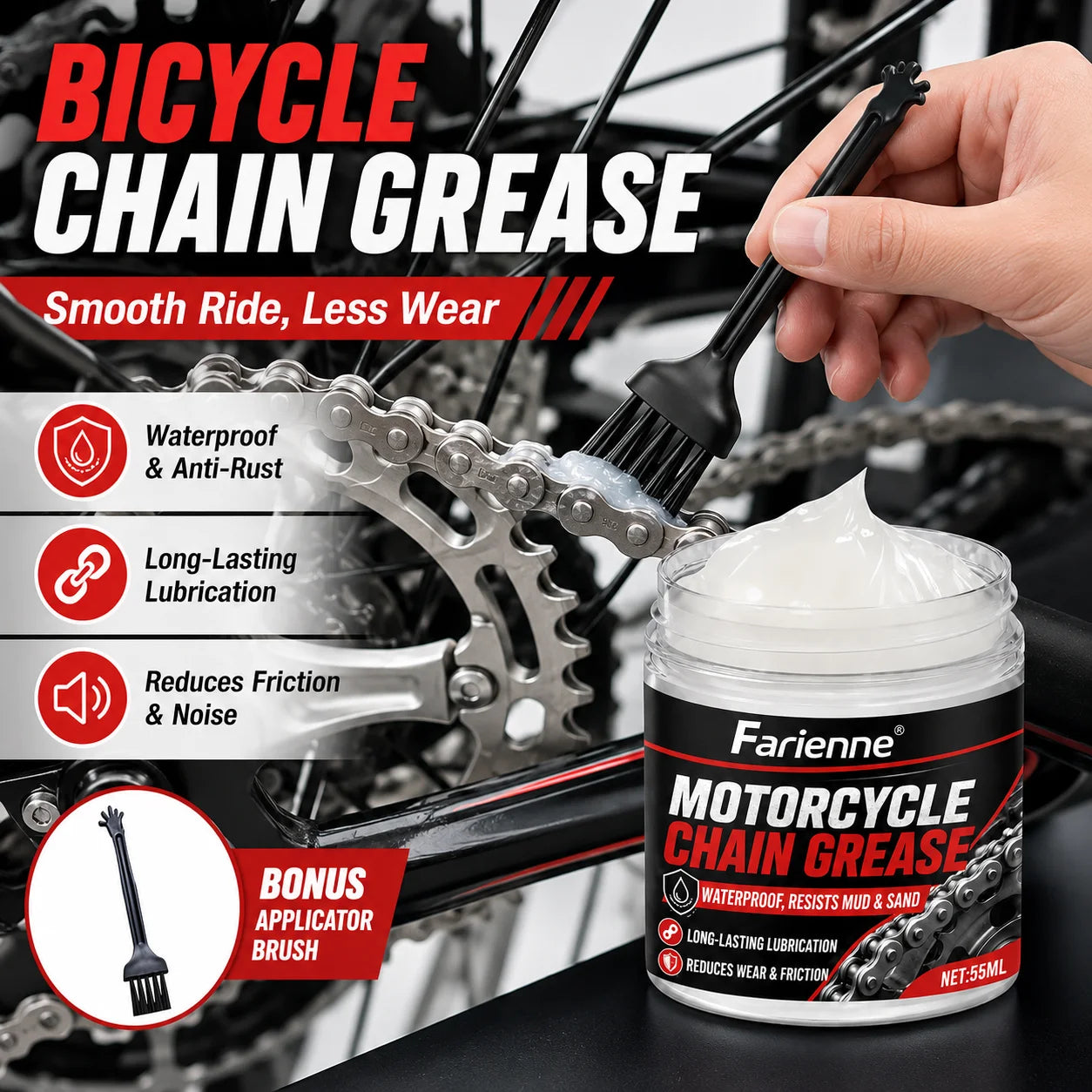 Farienne Motorcycle Chain Grease Waterproof Lubricant For Bike Chain Car Door Hinge Lock Sunroof Seat Rail 55ml With Brush