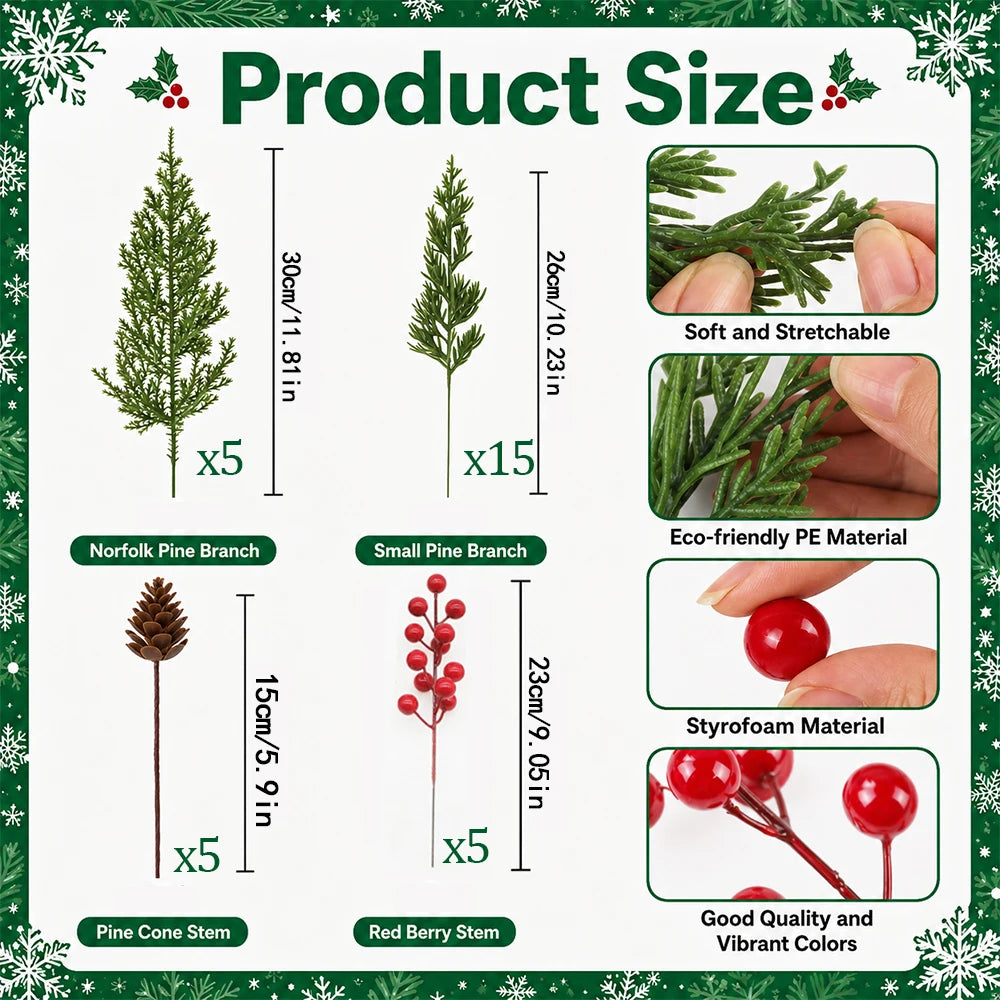 30pcs Christmas Artificial Pine Branches Red Berry Stems Pine Cones Greenery Picks for DIY Wreath Garland Xmas Home Decoration