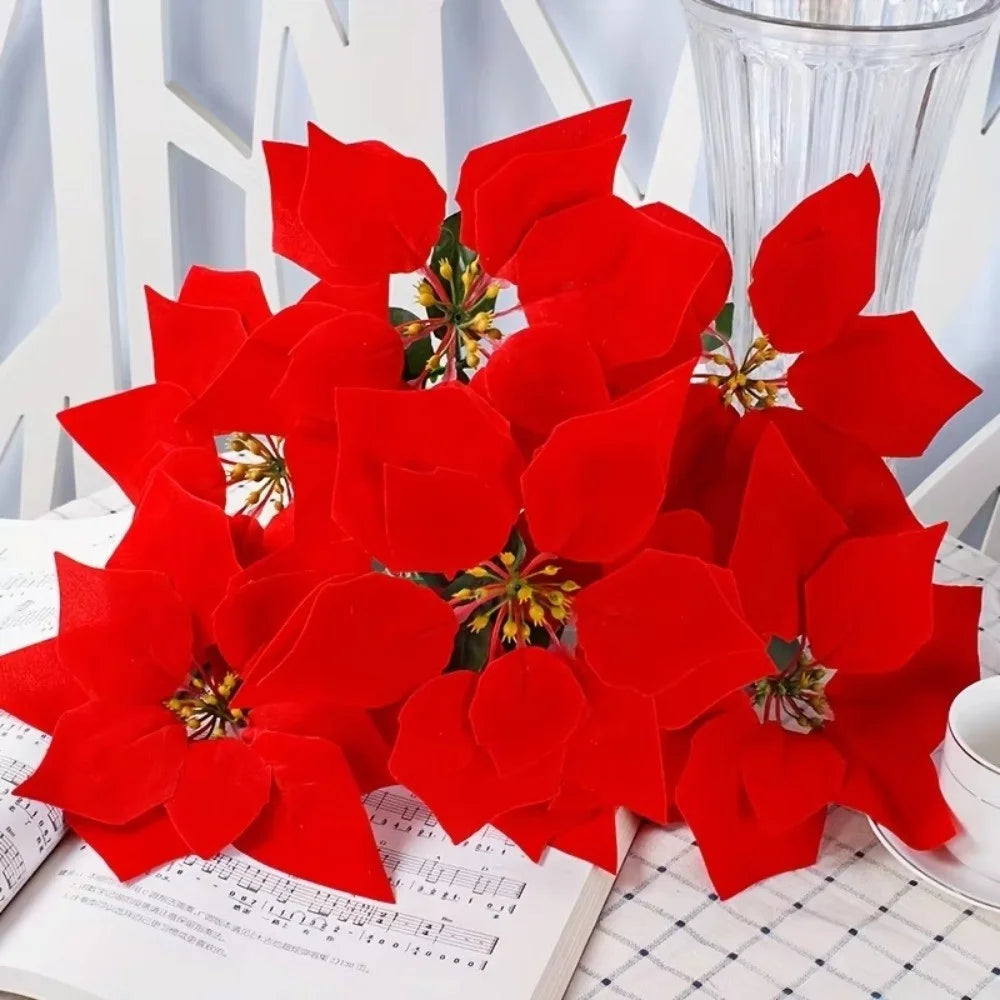 7‑Heads Red Christmas Poinsettia Artificial Flowers, Xmas Home Party Decoration for Holiday Display