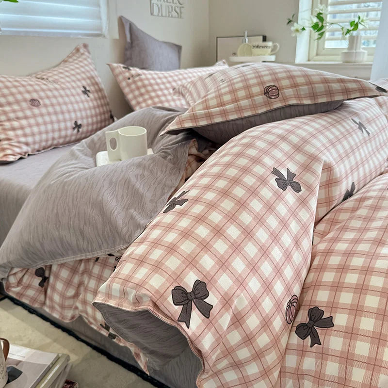 Korean Ins Pink Plaid Duvet Cover Set Queen King Bowknot Print Bedding Set Skin Friendly Soft Comforter Cover Sheets Pillowcases