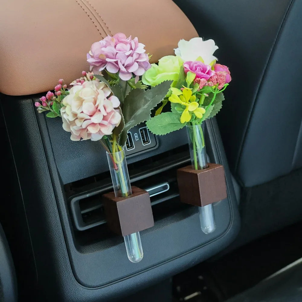 Hydroponic Plant Holder Car Air Vent Flower Decoration Rack Auto Interior Ornament Black Brown Wood Simple Elegant Accessory