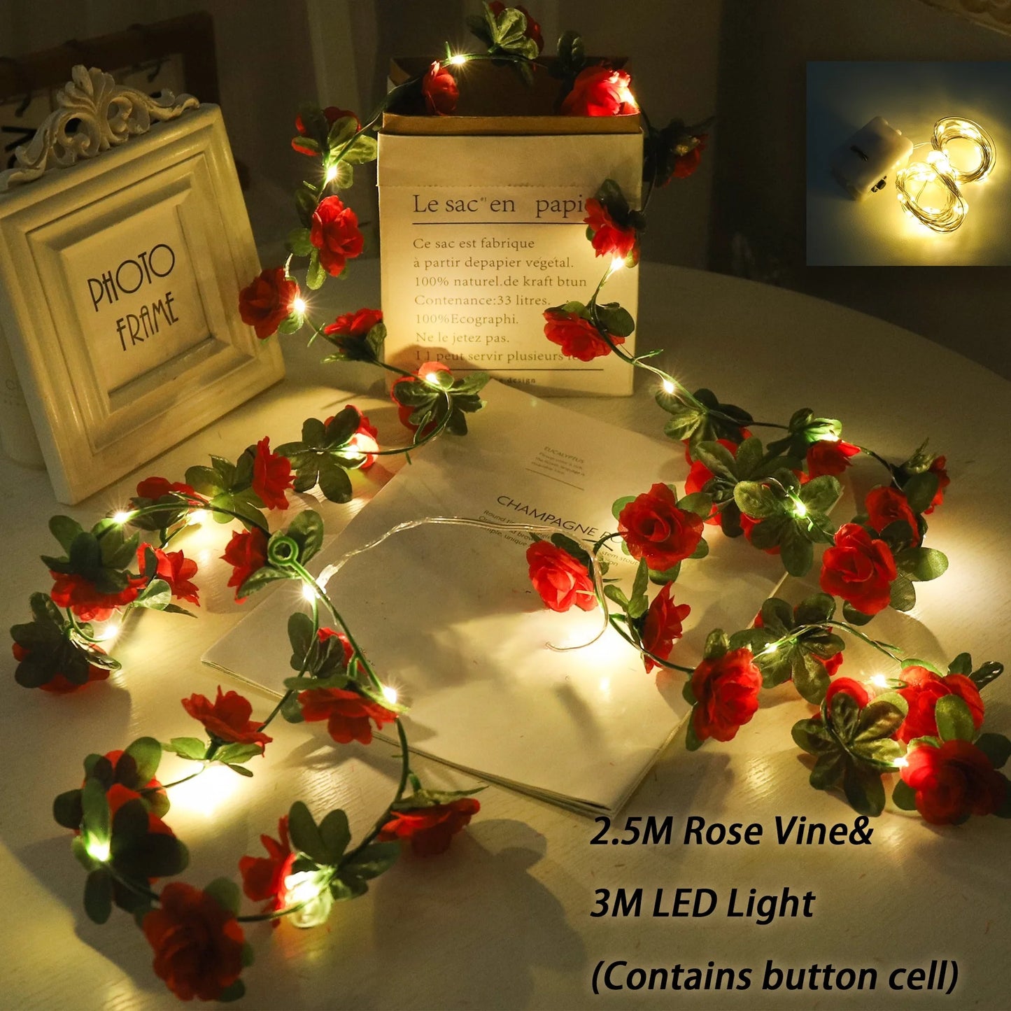 Rose LED Lights String Artificial Flowers Ivy Leaves Wedding Garland Home Room Decoration Arch Hanging Wall Garden Party Decor