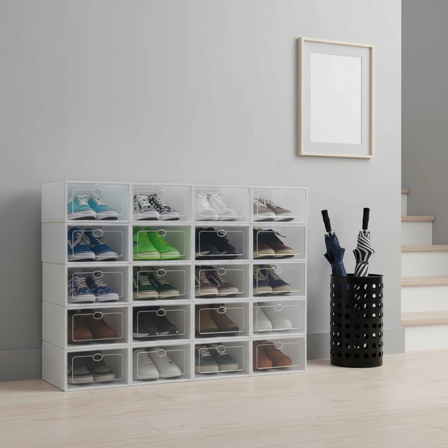 20Pcs Stackable Shoe Storage Box, Foldable Plastic Shoe Organizer with Transparent Door, Dustproof Container for Closet