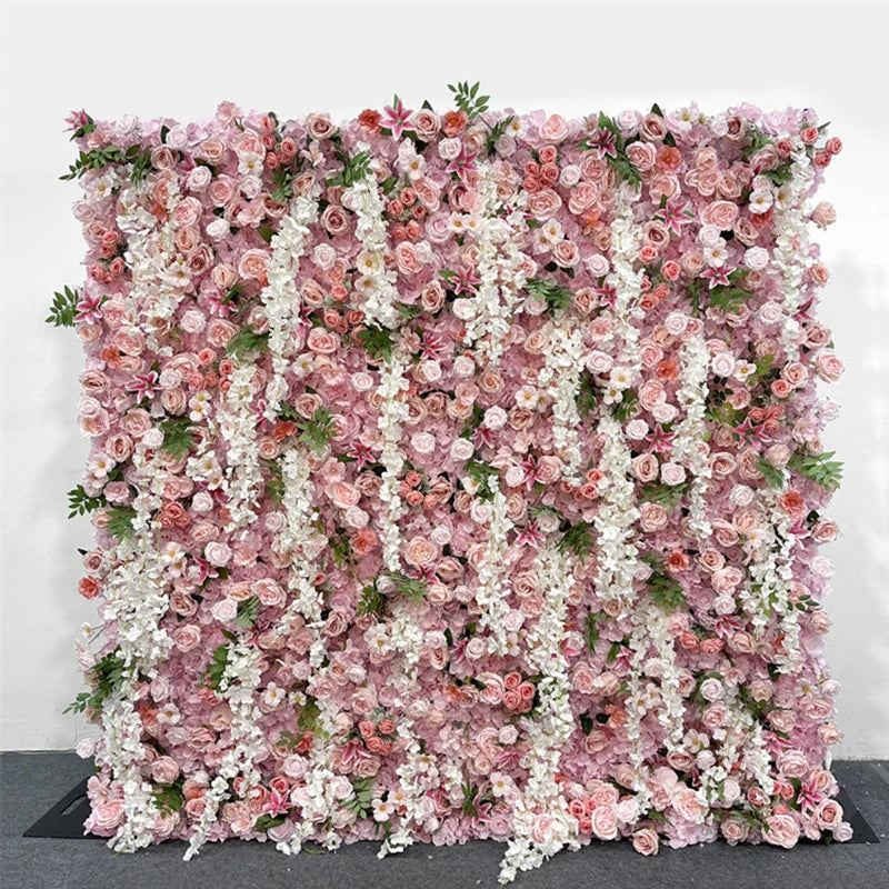 Luxur white Rose Roll Up Cloth 5D Flower Wall Arrangement Wedding Backdrop Decor Hanging Curtain Green Plants Wall Party Props