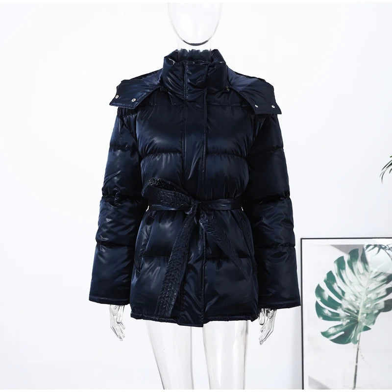 Warm Glossy Hooded Lace-up Cotton Coats Women's Casual Zipper Bottons Belted Overcoat 2026 Winter New Female Solid Streetwear