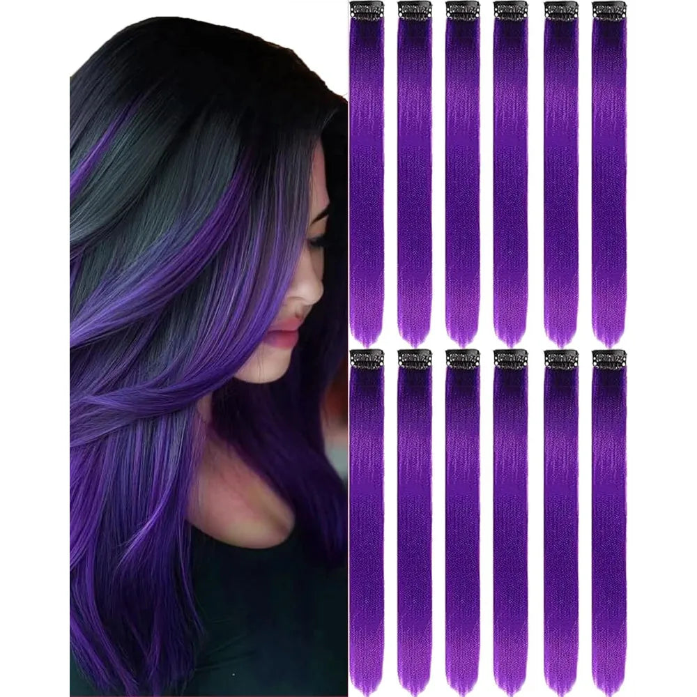 6/12 PCS Hair Extensions Clip, 22in Colored Hair Extensions Party Highlights Long Straight Synthetic Hairpieces for Girls Cospla