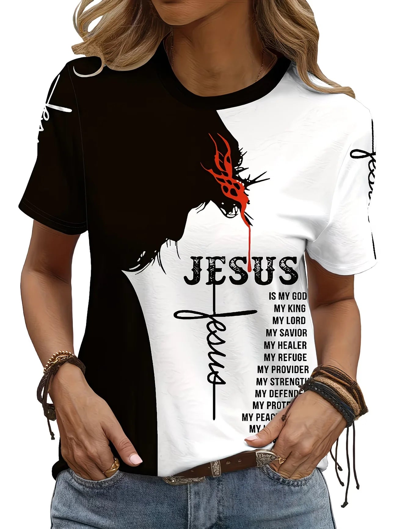 Crew Neck Short Sleeve Jesus Cross Print T Shirt Women's Outfits Casual Streetwear Retro T shirts For Lady