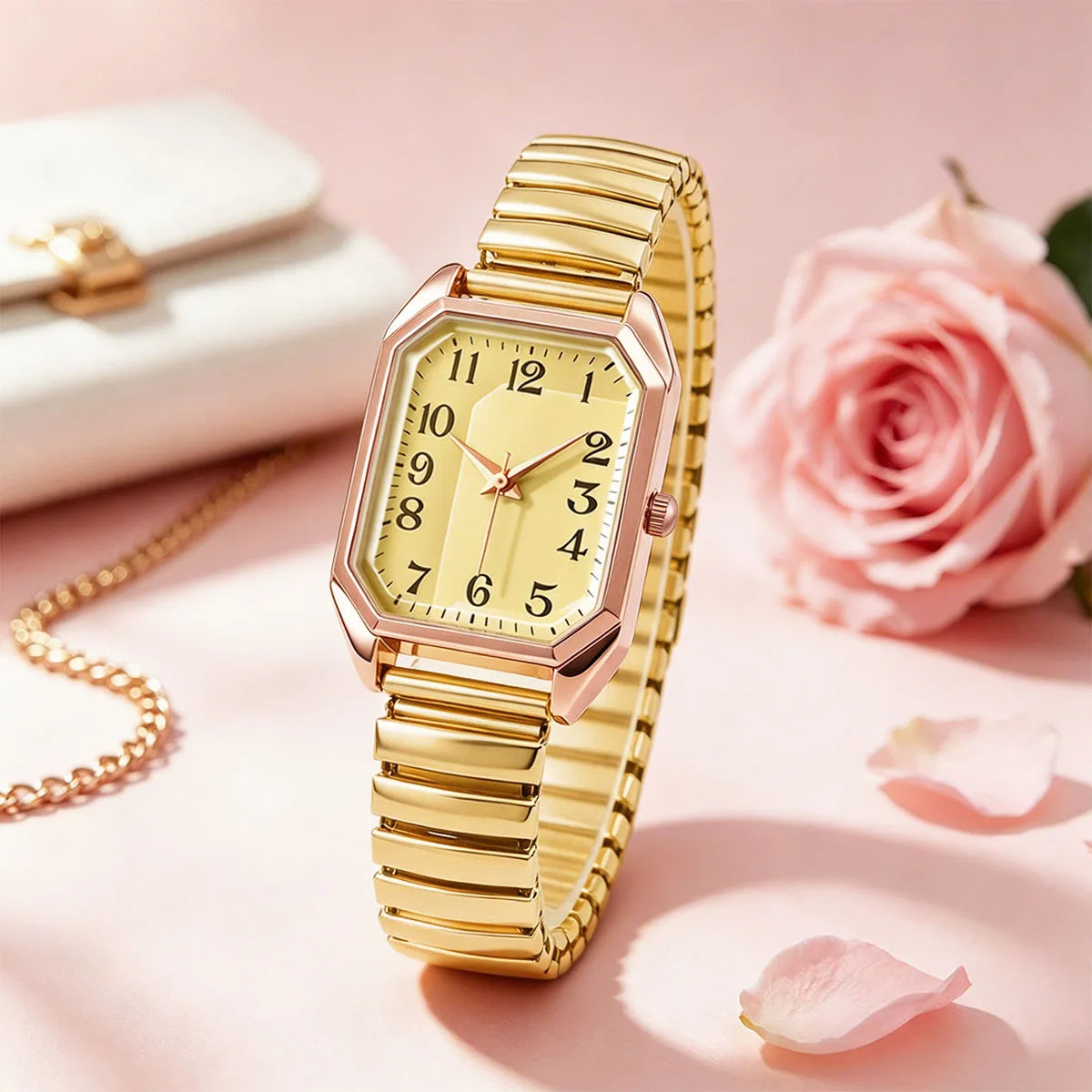 Business Luxury Simple Popular Fashion Elastic Strap Alloy Rectangle Women Ladies Quartz Watches