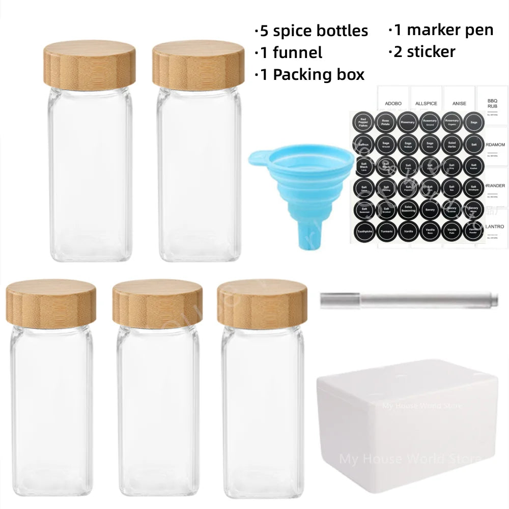 Glass Spice Jars with Bamboo Lid Spice Seasoning Containers Spice Pot Salt Pepper Shakers Spice Organizer Kitchen Spice Jar Set