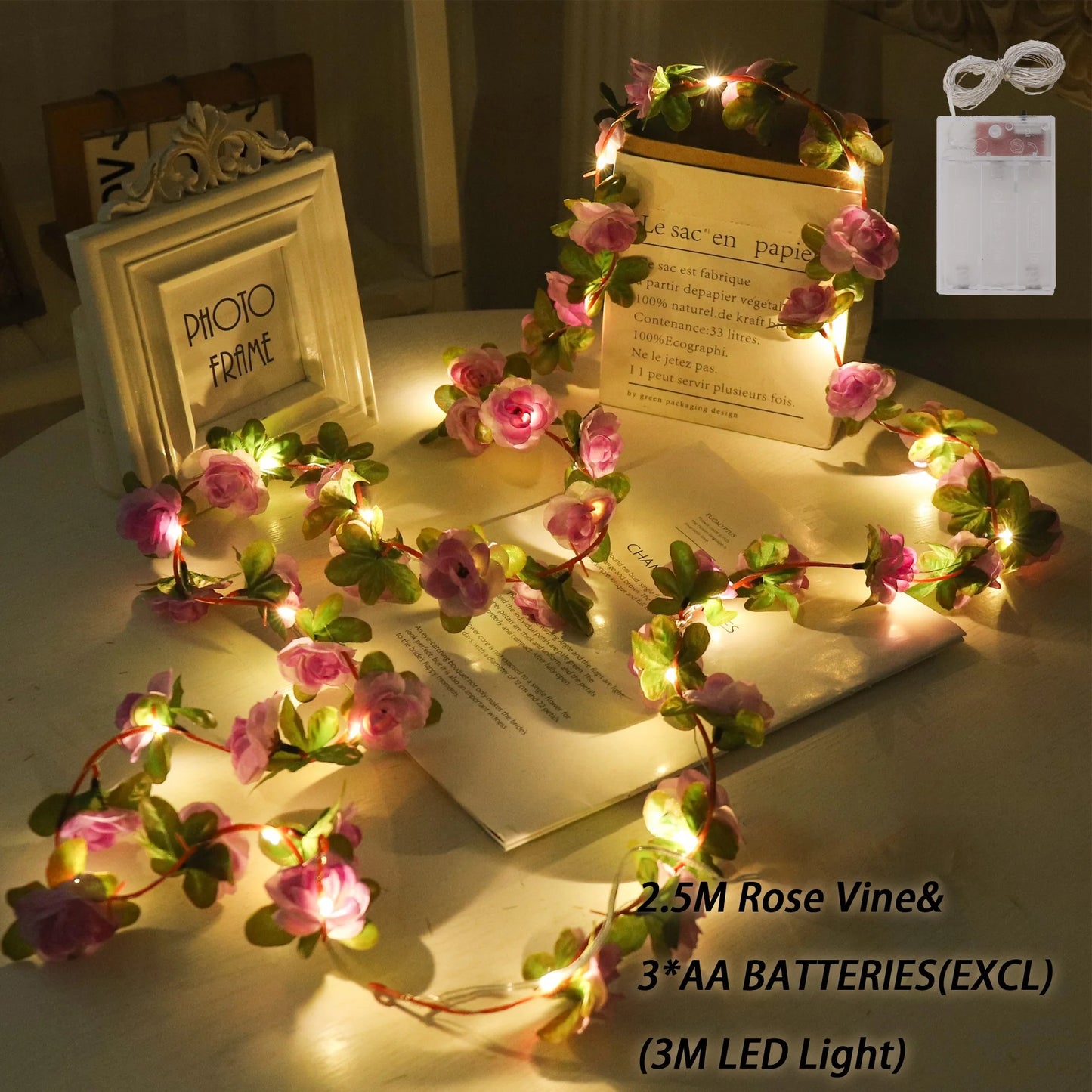Rose LED Lights String Artificial Flowers Ivy Leaves Wedding Garland Home Room Decoration Arch Hanging Wall Garden Party Decor