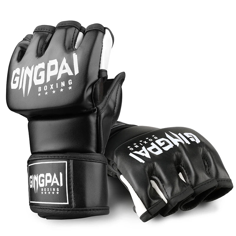 GINGPAI Half Finger Boxing Gloves PU Leather MMA Fighting Kick Boxing Gloves Karate Muay Thai Training Workout Gloves Men