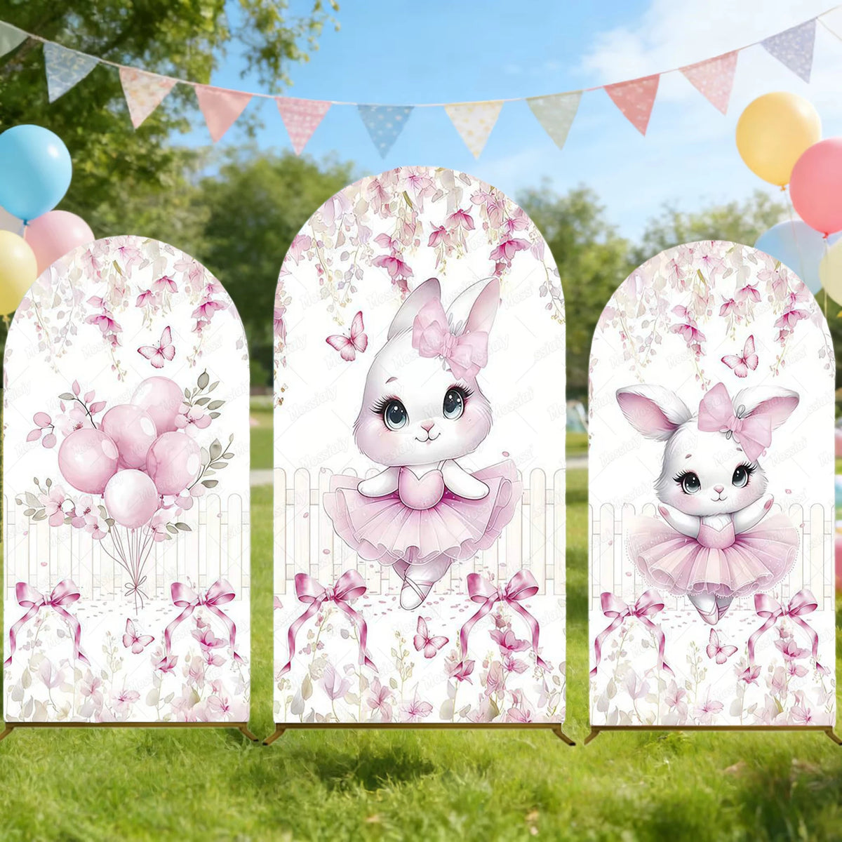 Cute Pink Bow Ballerina Bunny Rabbit Arch Backdrop Cover Flowers Pink Ballet Girl 1st Birthday Party Decor Arch Wall Background