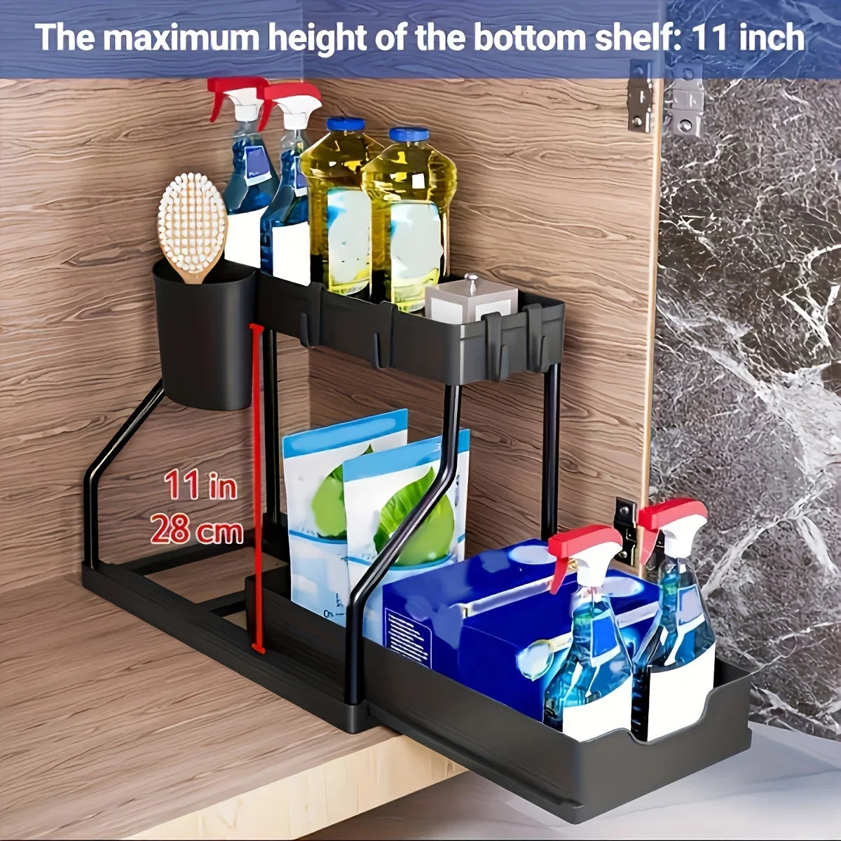 2-Tier Pull Out Under Sink Organizer Space Saving Rack Kitchen Bathroom Holder For Cleaning Supplies Toiletries Sundries