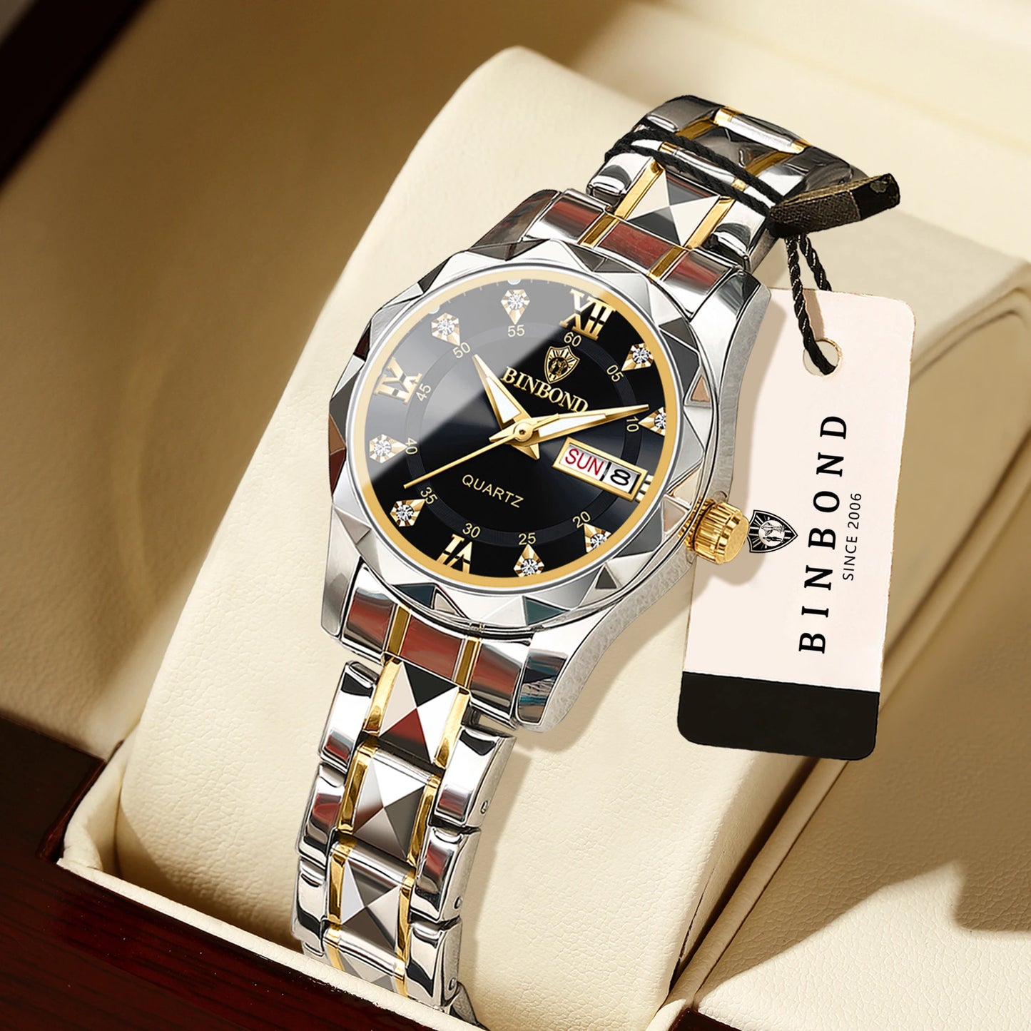 BINBOND Ladies Reloj Sturdy Quartz Watches For Women Luxury Luminous Waterproof Accurate Auto Date Week Display Women's Watch