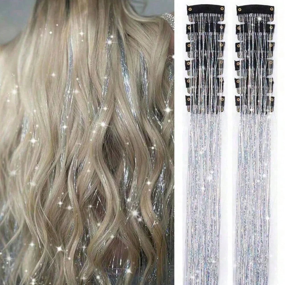 12Pcs Hair Tinsel Clip In 19.7" Glitter Tinsel Hair Extensions Synthetic Clip In Sparkle Hair Accessories For Kids Girls Women