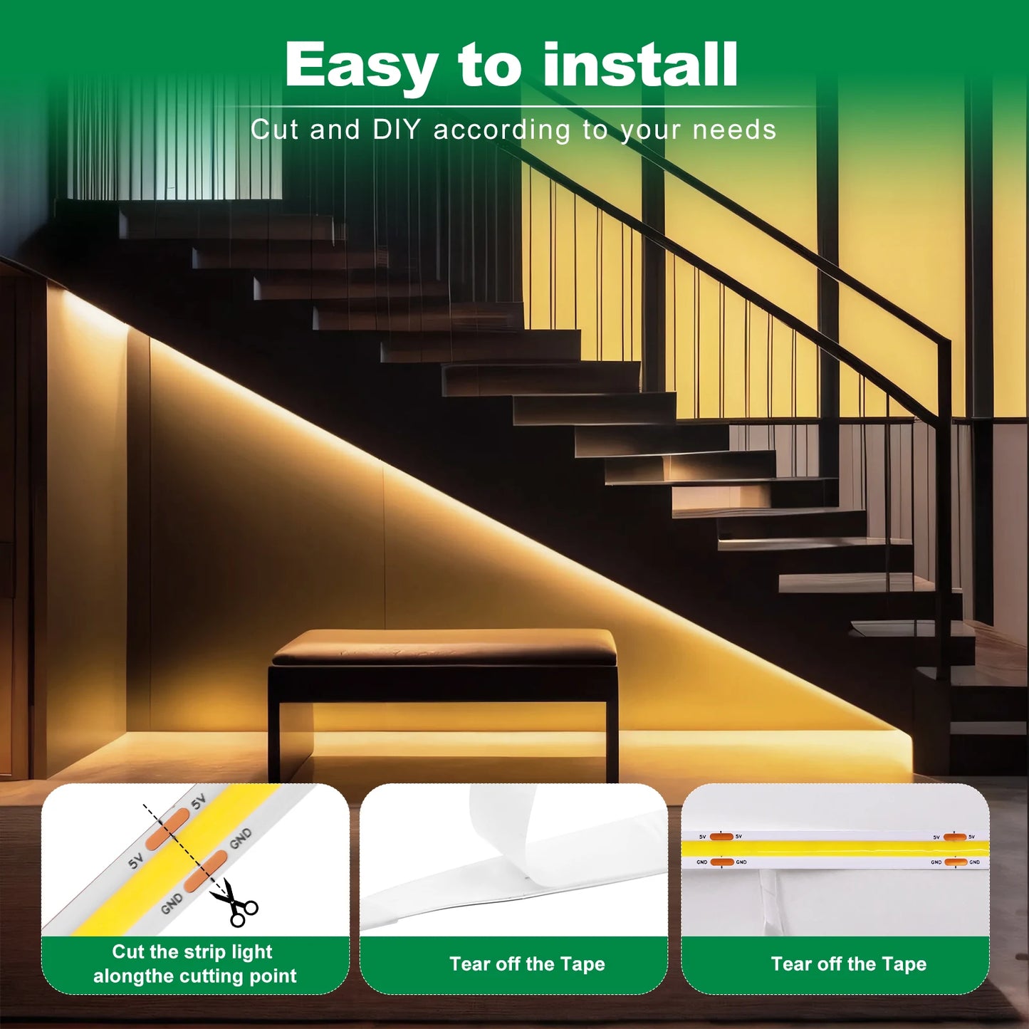 3MM 5MM 8MM COB LED Strip 5V 320LEDs/m PIR Motion Sensor Flexible Tape USB/Battery Powered Under Cabinet Kitchen Lighting Strip