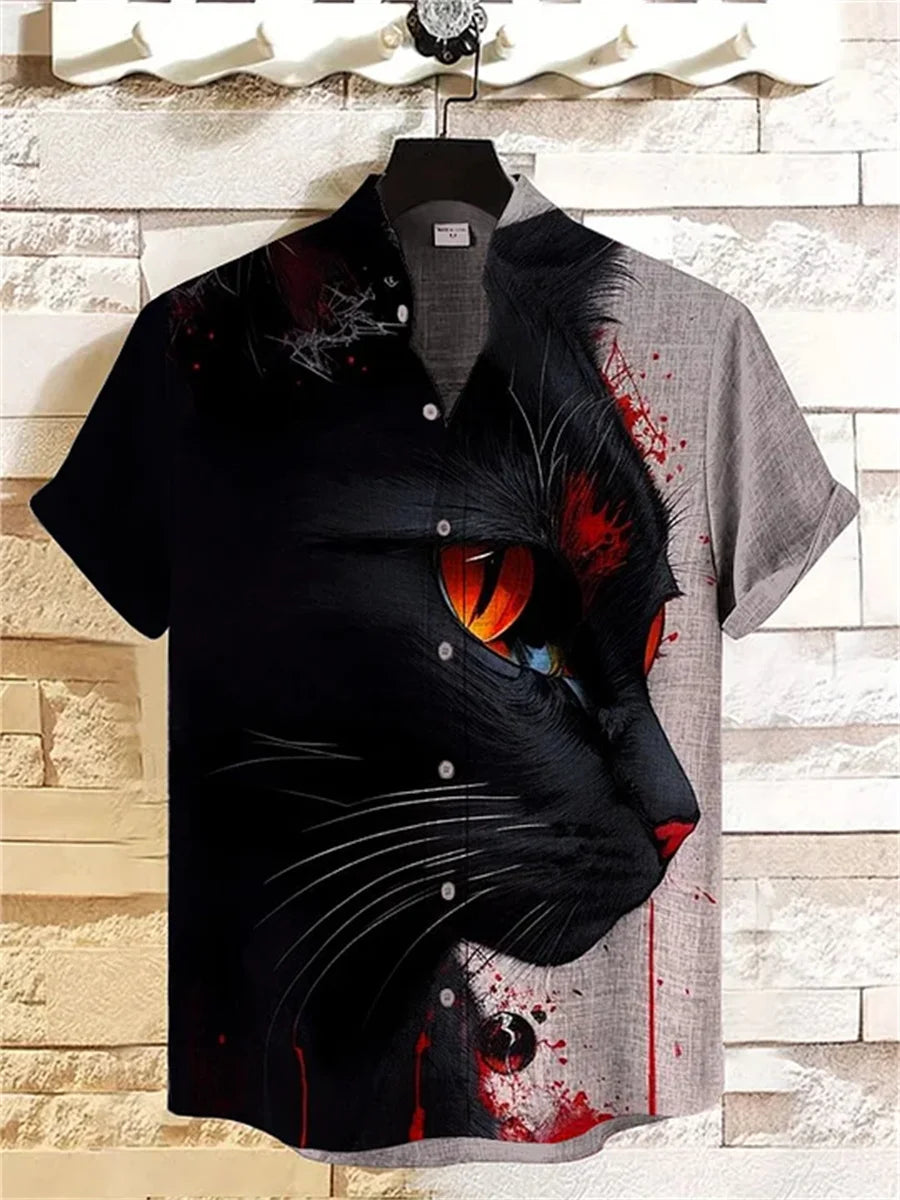 Men's short-sleeved shirt with a fun cat print, stand-up collar, single-breasted casual style. Hawaiian shirt, men's unique top.